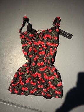 White Fox Cherry Print Mini Dress - Black & Red
